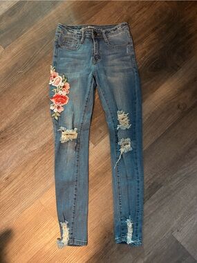 Machine Blue Distressed Skinny Jeans with Floral Embroidery